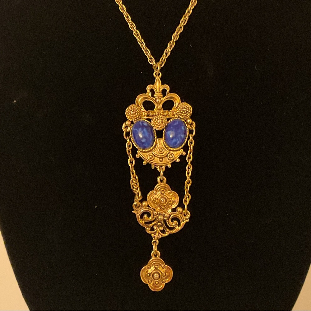 #18 Vintage Ornate Necklace with Pendant featuring 2 Lapis Glass Cabachons